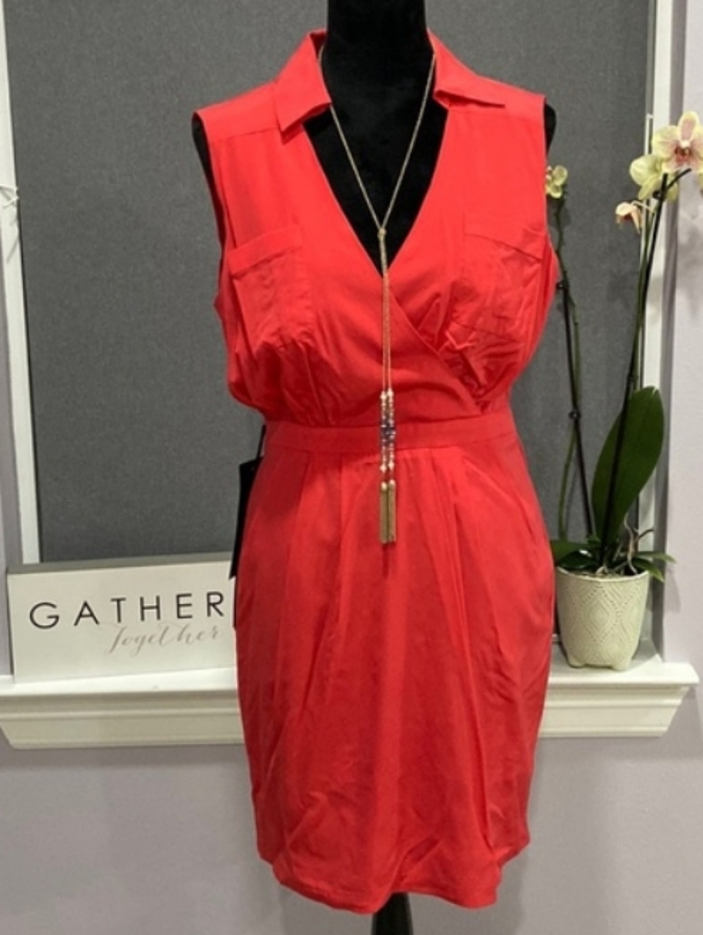 Red Silk Bebe Medium V Neck Collared Sundress Mini Dress Sleeveless Surplice